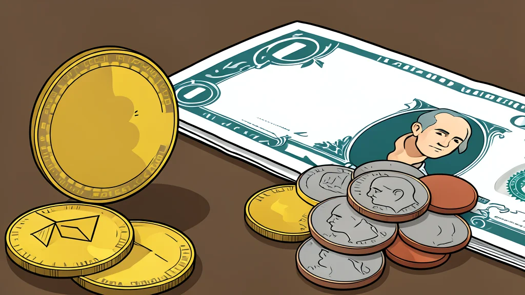 A digital coin resting on a stack of physical currency