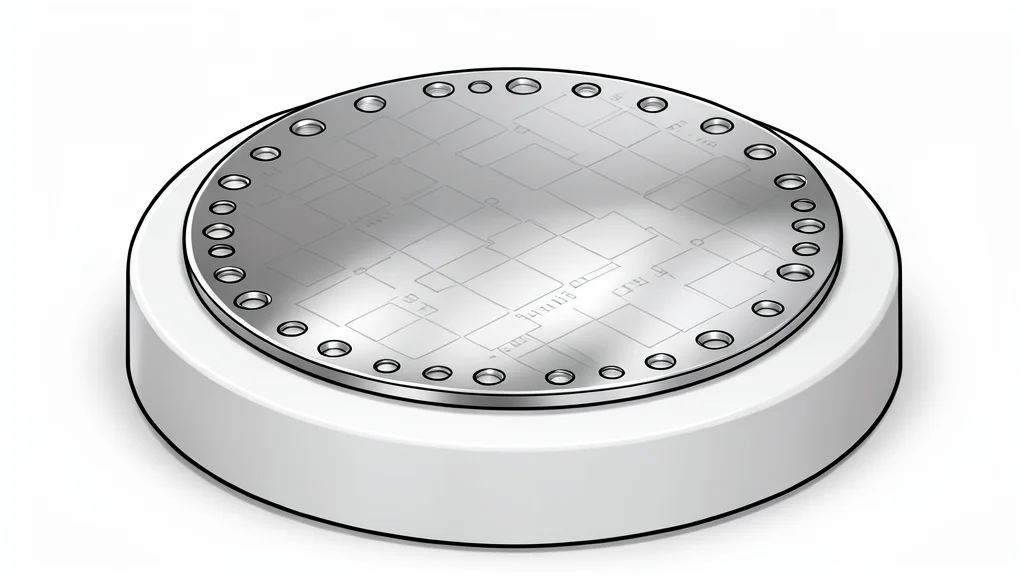 A close-up of a silicon wafer with a grid of integrated circuits