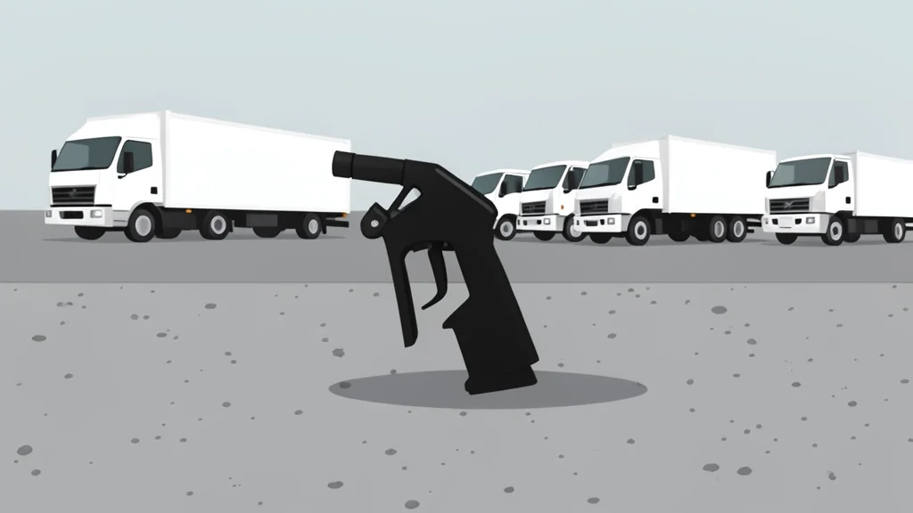 A fuel pump nozzle lying on a concrete surface next to a line of parked delivery trucks.
