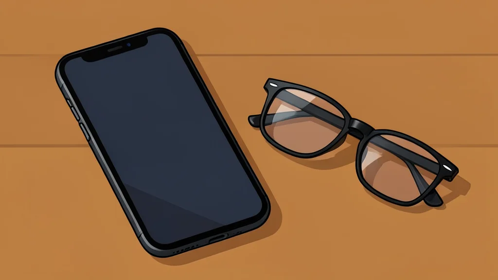 A smartphone resting on a wooden table next to a pair of reading glasses