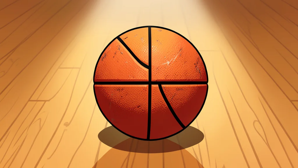 A polished hardwood basketball court with a single ball resting near the center circle
