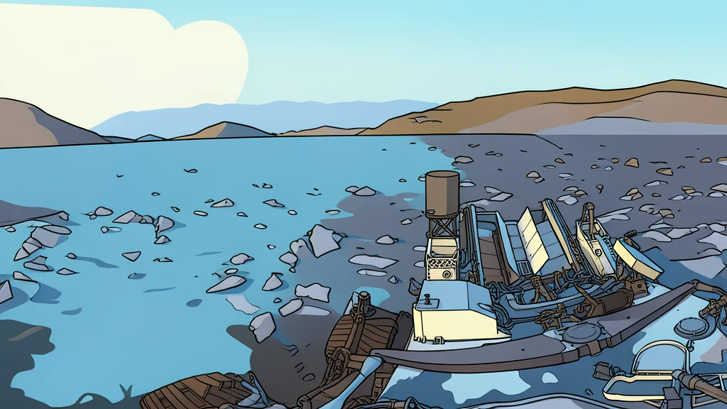 A rugged six-wheeled robotic rover with a mast-mounted camera and a boxy nuclear power unit rests on reddish-brown rocky terrain with a dusty horizon in the background.