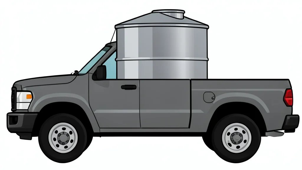 A large, cylindrical metal water tank sitting in the bed of a pickup truck