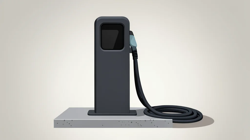 A sleek, modern electric vehicle charging station with a coiled cable resting on a concrete pad