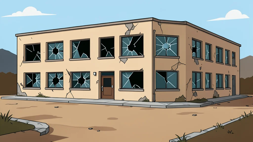 A damaged police station building with shattered windows and a dusty courtyard