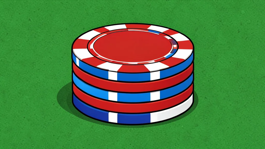 A large stack of casino chips resting on a green felt table surface