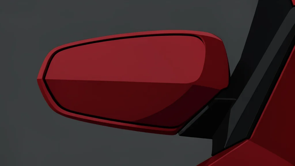 A sleek smartphone with a glossy red and black rear panel featuring geometric patterns inspired by car exhaust vents