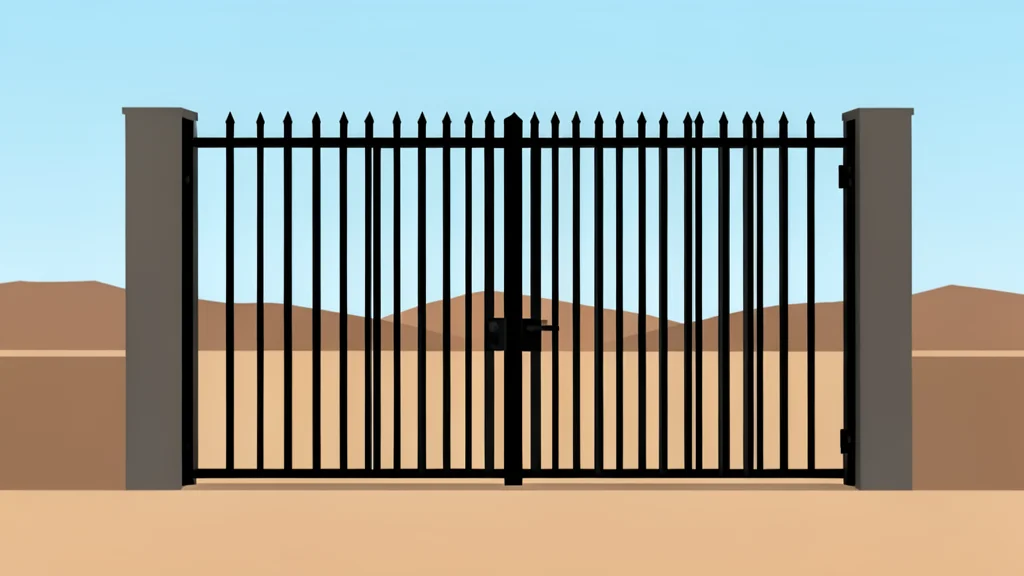 A heavy iron gate of a detention facility standing against a stark desert landscape