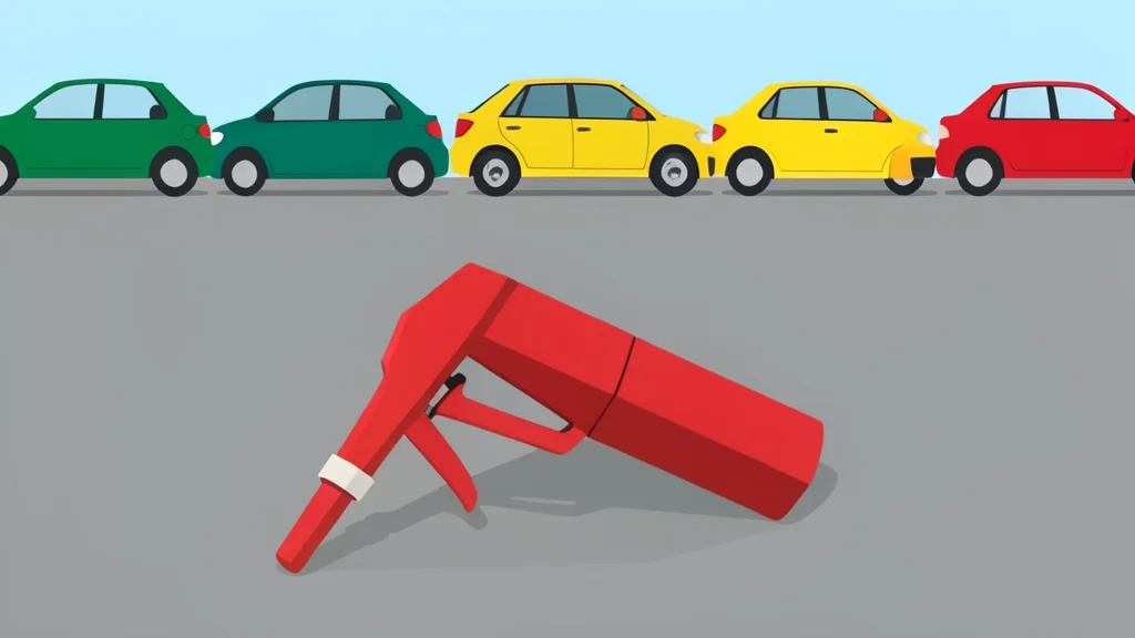 A fuel pump nozzle resting on a concrete surface next to a row of parked cars