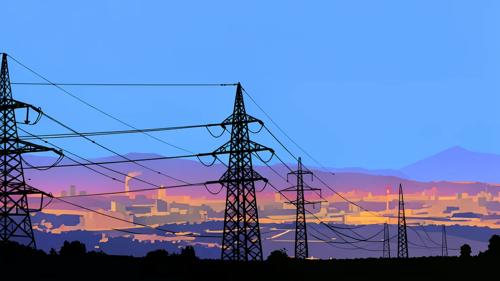 A high-voltage transmission tower standing in a grassy field with wind turbines in the distance