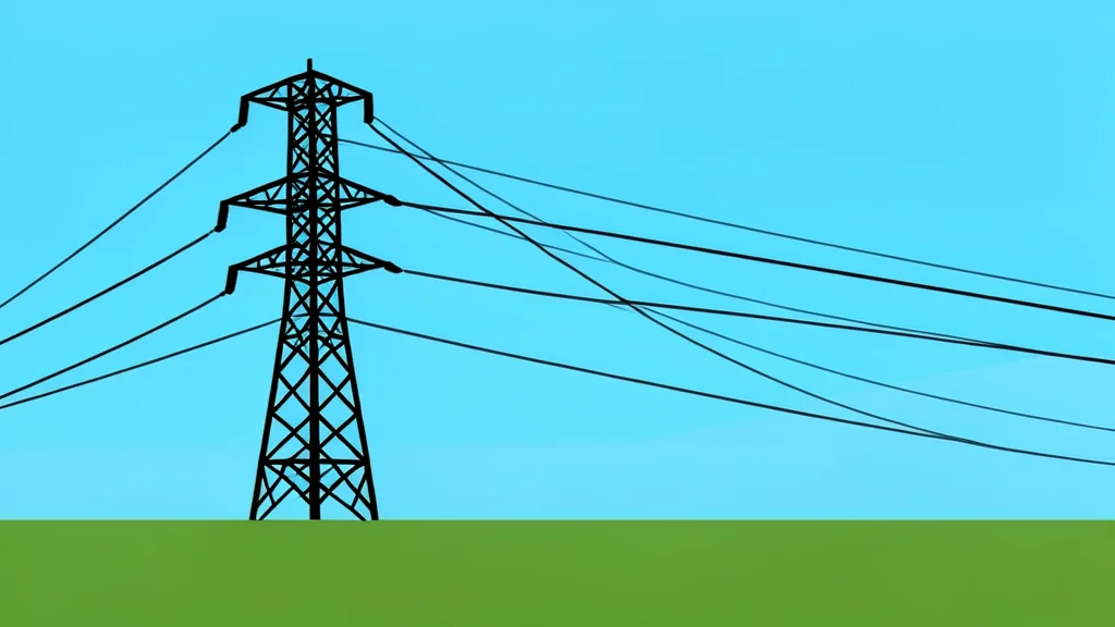 A high-voltage transmission tower standing in a field with power lines stretching into the distance