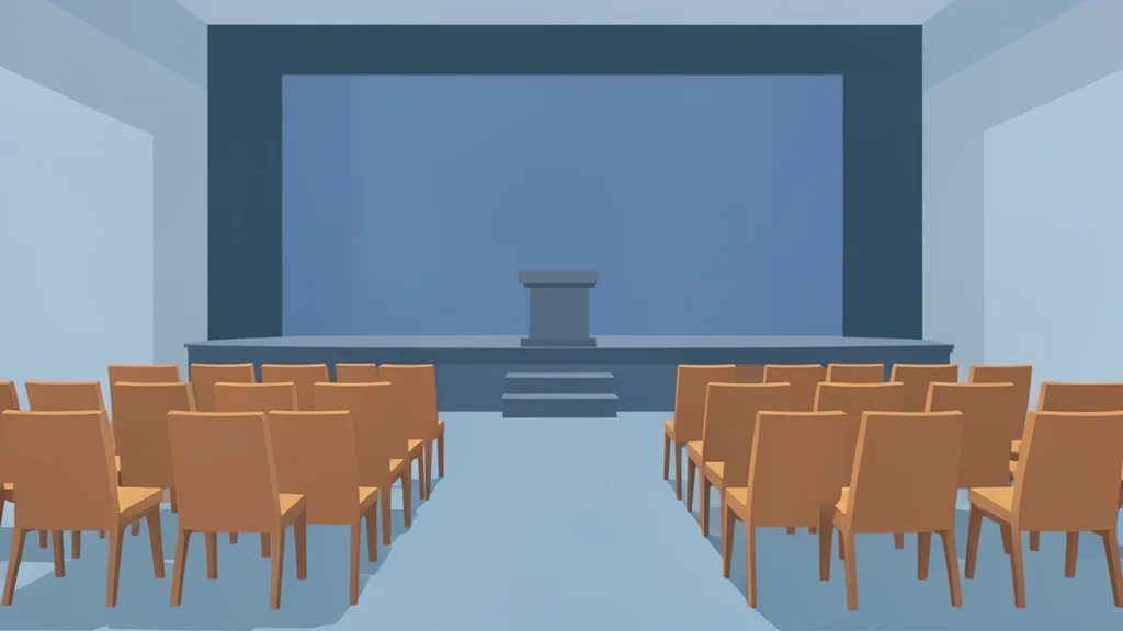 A university lecture hall with rows of empty chairs facing a stage
