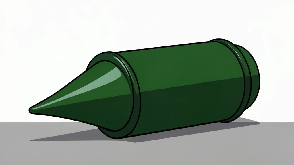 A large, dark green cylindrical bomb with a pointed nose cone resting on a concrete surface