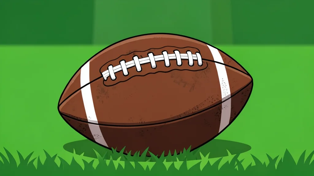 A green football field with white yard lines and a brown leather football resting on the grass