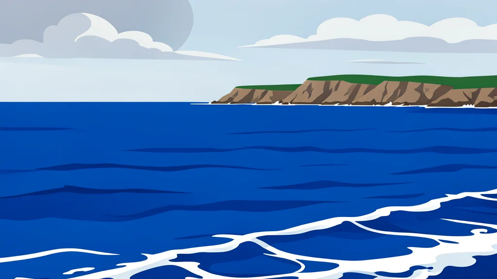 A wide expanse of deep blue sea water with white foam from waves, stretching towards a distant rocky coastline under a cloudy sky.