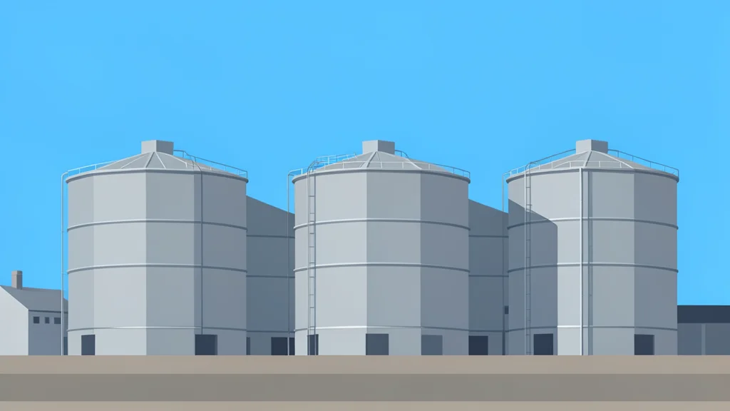 A row of large, cylindrical steel storage tanks standing in an open industrial field under a clear sky