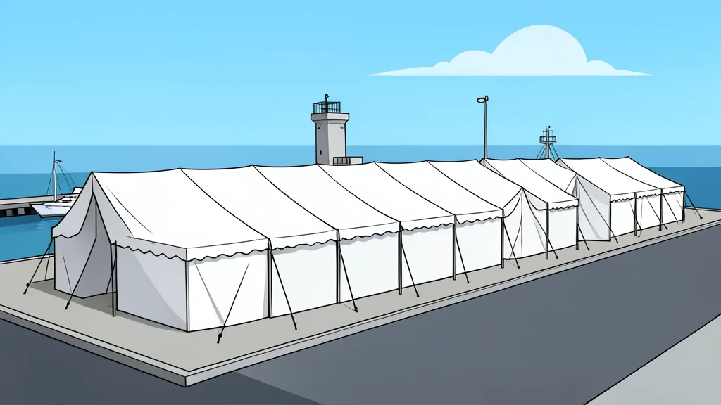 A row of white canvas tents set up on a paved area near a harbor entrance