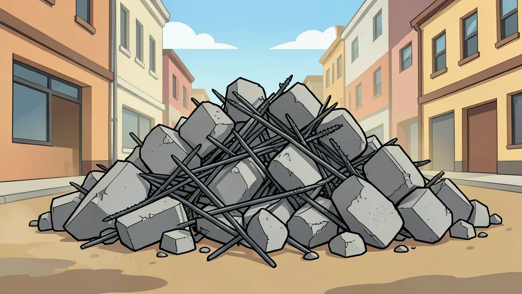 A pile of concrete rubble and twisted metal rebar in a dusty, sunlit street