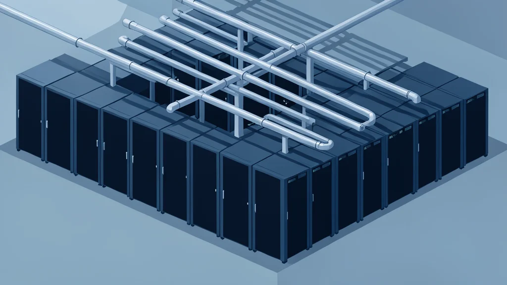 A vast industrial data center facility with rows of server racks and cooling pipes