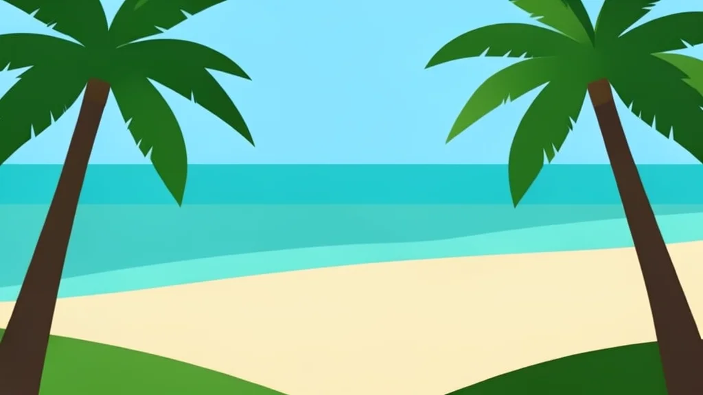 A tropical coastline with a sandy beach and turquoise water, viewed from a distance with palm trees in the foreground.