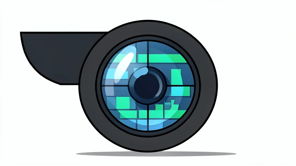 A digital surveillance camera lens reflecting a grid of data streams