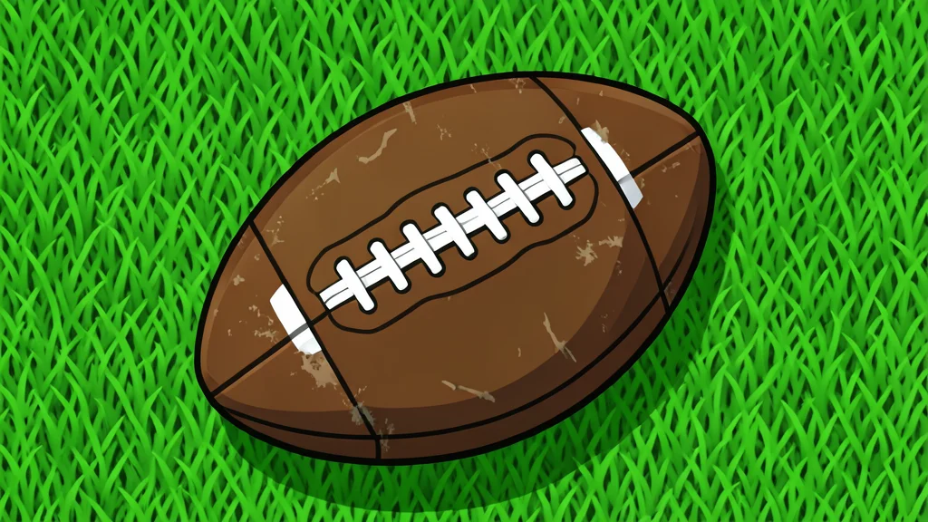 A worn leather football resting on green artificial turf