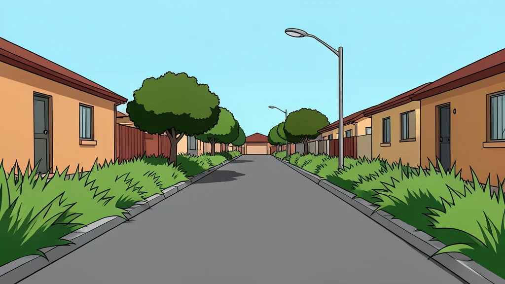 A quiet, empty residential street in a South African suburb with overgrown grass and a single streetlamp
