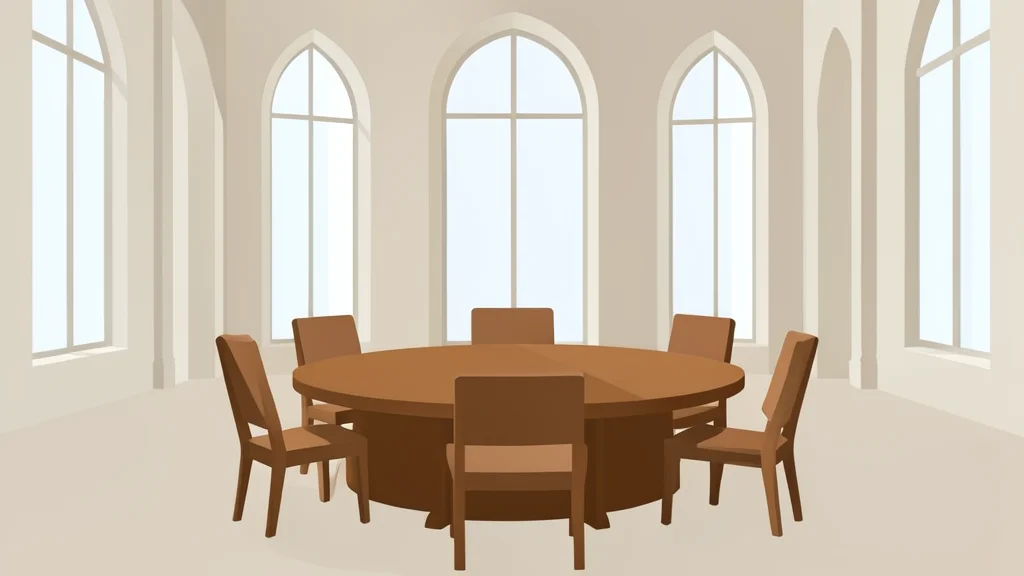 A large, circular wooden table with empty chairs arranged around it, set against a backdrop of a grand, high-ceilinged hall with tall windows.