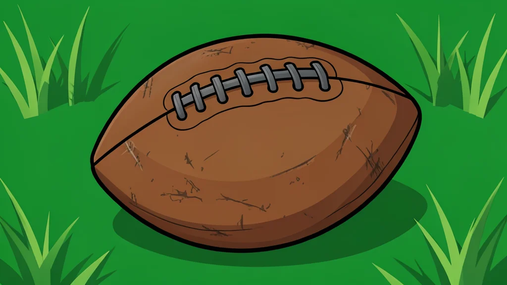 A worn leather football resting on green artificial turf