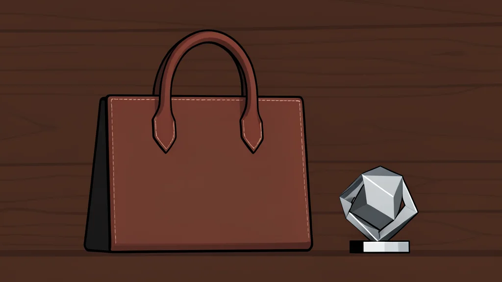 A high-end leather handbag resting on a wooden table next to a small, metallic geometric sculpture