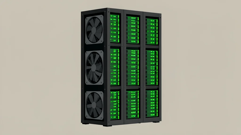 A large industrial server rack filled with glowing green circuit boards and cooling fans