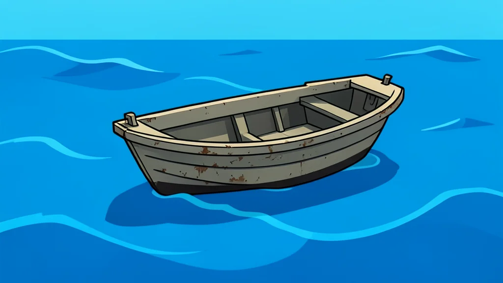A small, weathered rubber dinghy floating on choppy blue sea water