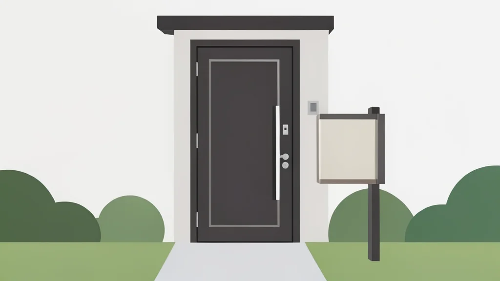 A modern residential front door with a real estate sign in the yard