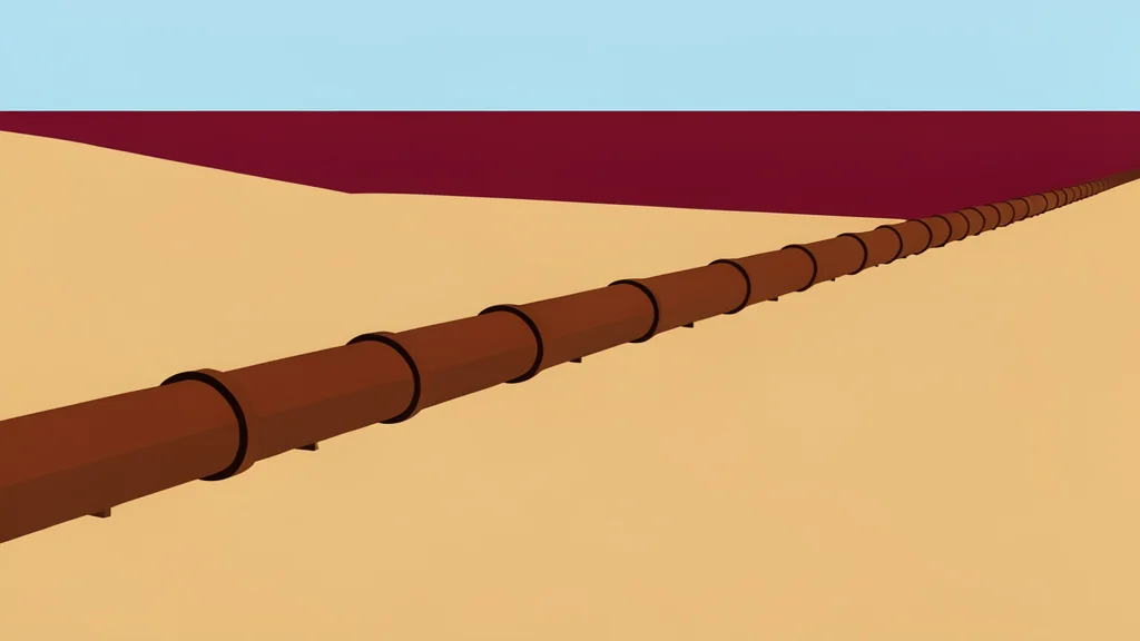 A long, rusted steel pipeline stretching across a sandy desert landscape towards a distant red sea coastline.