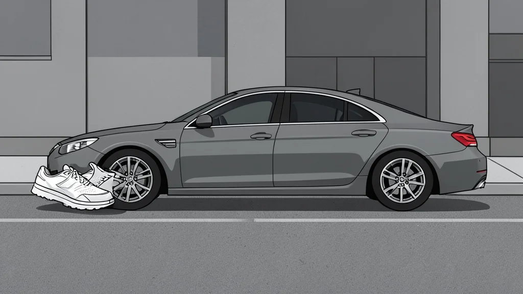 A pair of running shoes and a sedan on a street