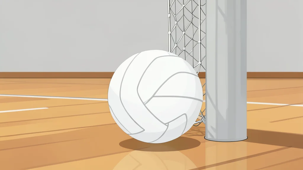 A white volleyball resting on a polished wooden gymnasium floor near a net post
