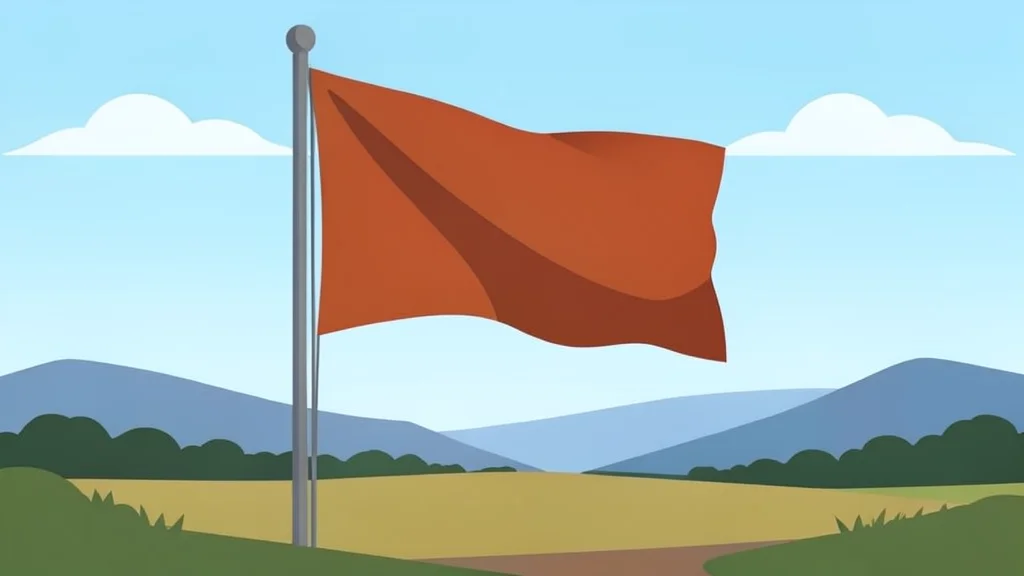 A saffron-colored flag fluttering in the wind against a rural landscape