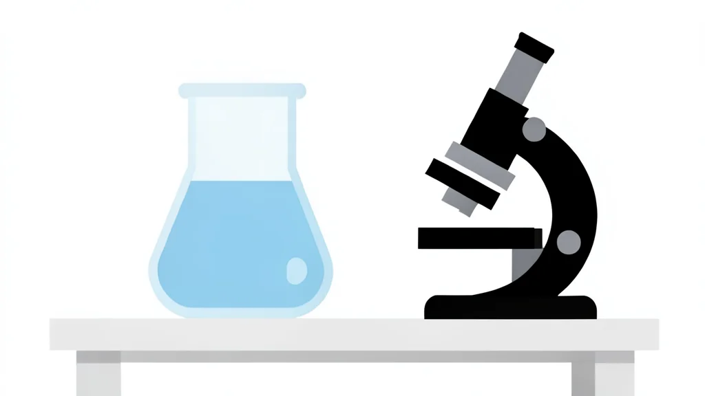 A glass beaker containing a clear liquid sitting on a white laboratory bench next to a microscope