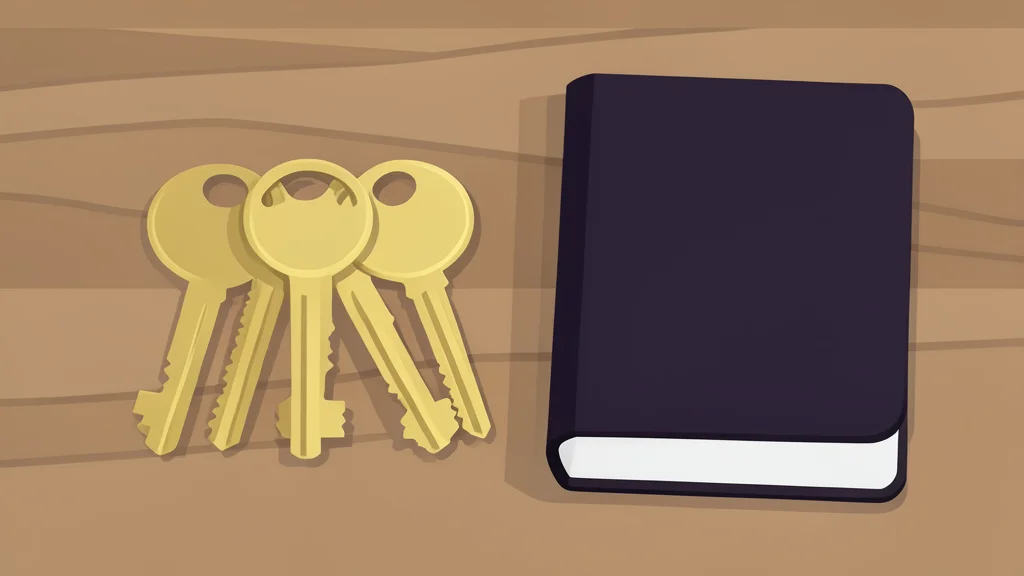 A set of brass house keys resting on a wooden table next to a closed notebook