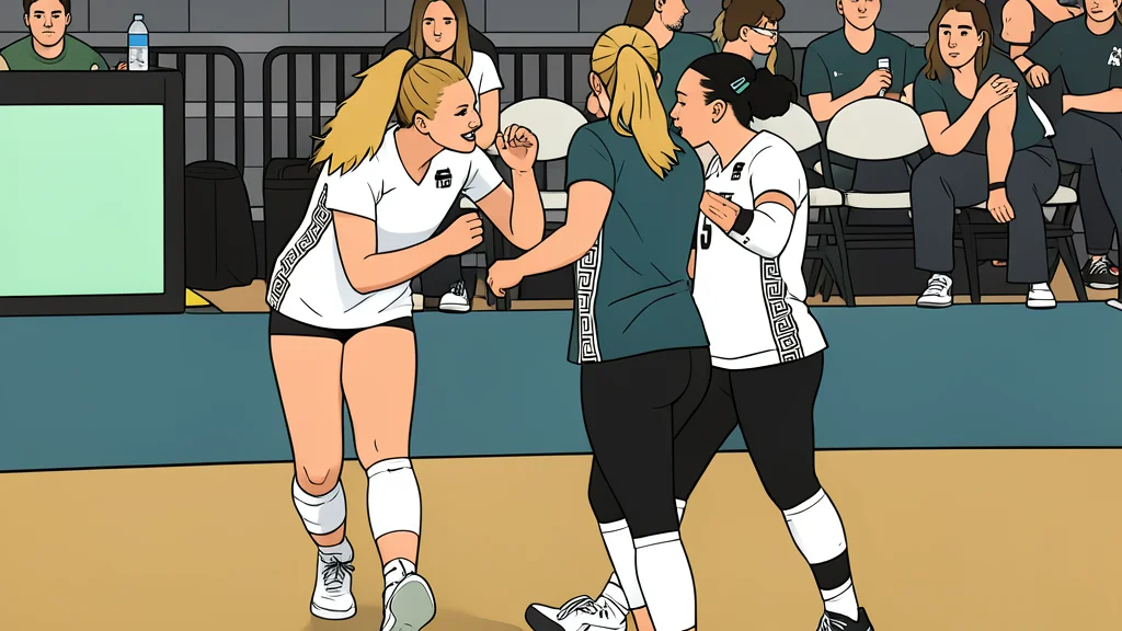 A white volleyball resting on a polished wooden gymnasium floor near a net post