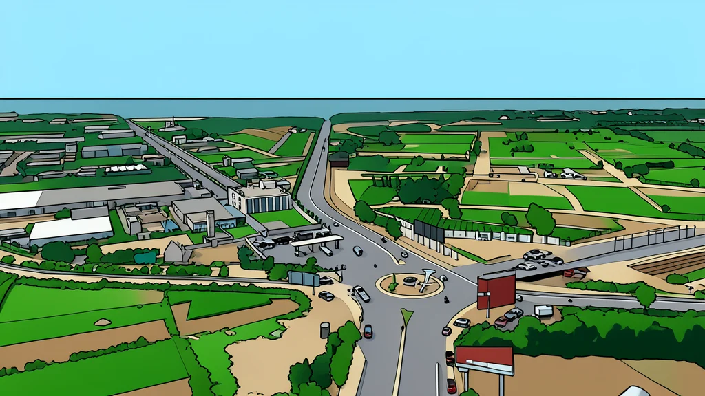 A large industrial factory complex with smokestacks and warehouses situated next to a highway