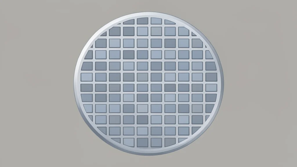 A close-up view of a silicon wafer with a grid of square chips