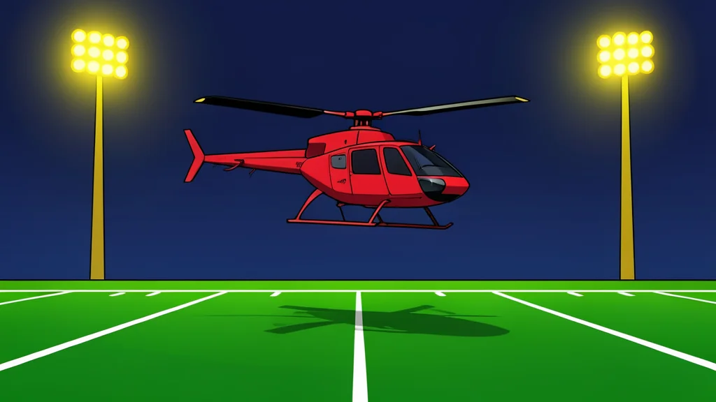A high school football field under bright stadium lights with a helicopter hovering nearby
