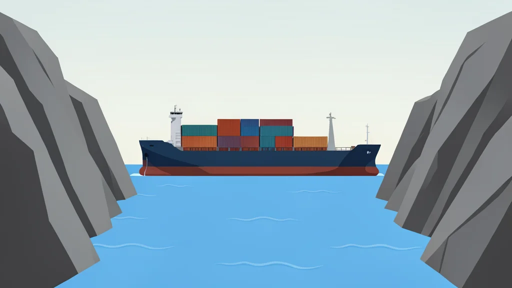 A large cargo ship sailing through a narrow, rocky strait