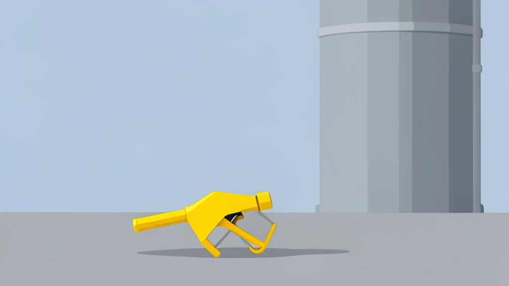 A yellow fuel pump nozzle on concrete next to a metal tank.