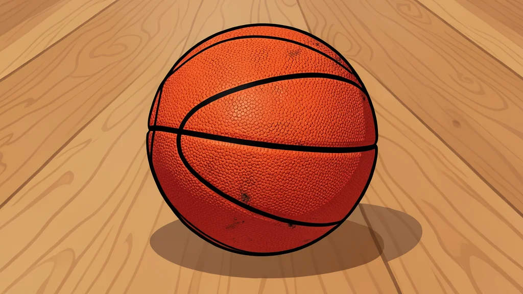 A polished orange basketball resting on a wooden court floor