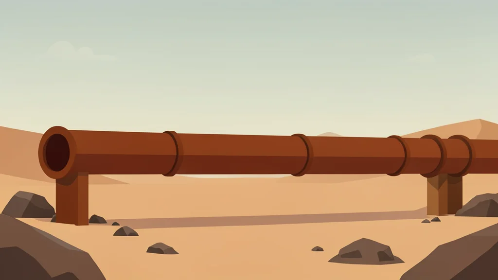 A long, rusted steel pipeline stretching across a dry, rocky desert landscape under a hazy sky