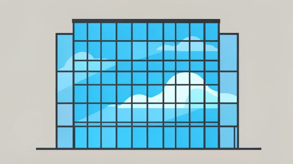A modern glass office building with a grid of windows reflecting the sky