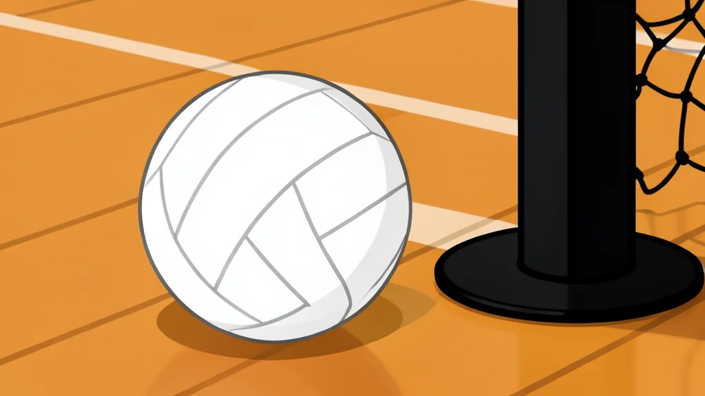 A white volleyball resting on a polished wooden gymnasium floor near a net post