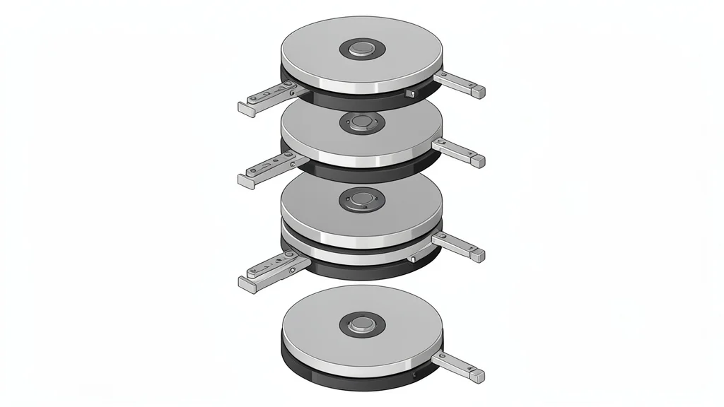 A stack of metallic hard disk drives with visible platters and actuator arms